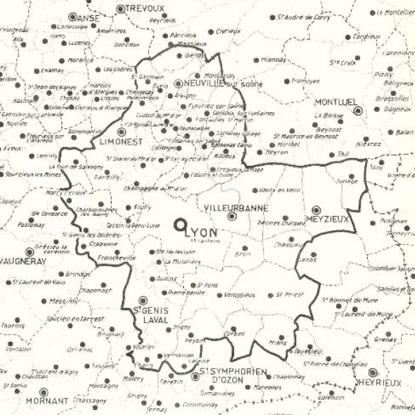 Carte représentant les territoire de la Courly lors du projet de délimitation de la Communauté urbaine validé par le décret du 27 août 1968